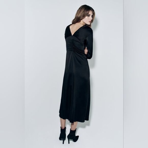 Zara Studio Ruched pleat Long Dress Limited Edition V-neck long flared sleeves - Picture 10 of 16